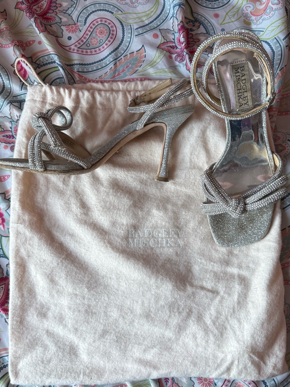 Badgley Mischka Silver Crystal-Strap Evening Sandals